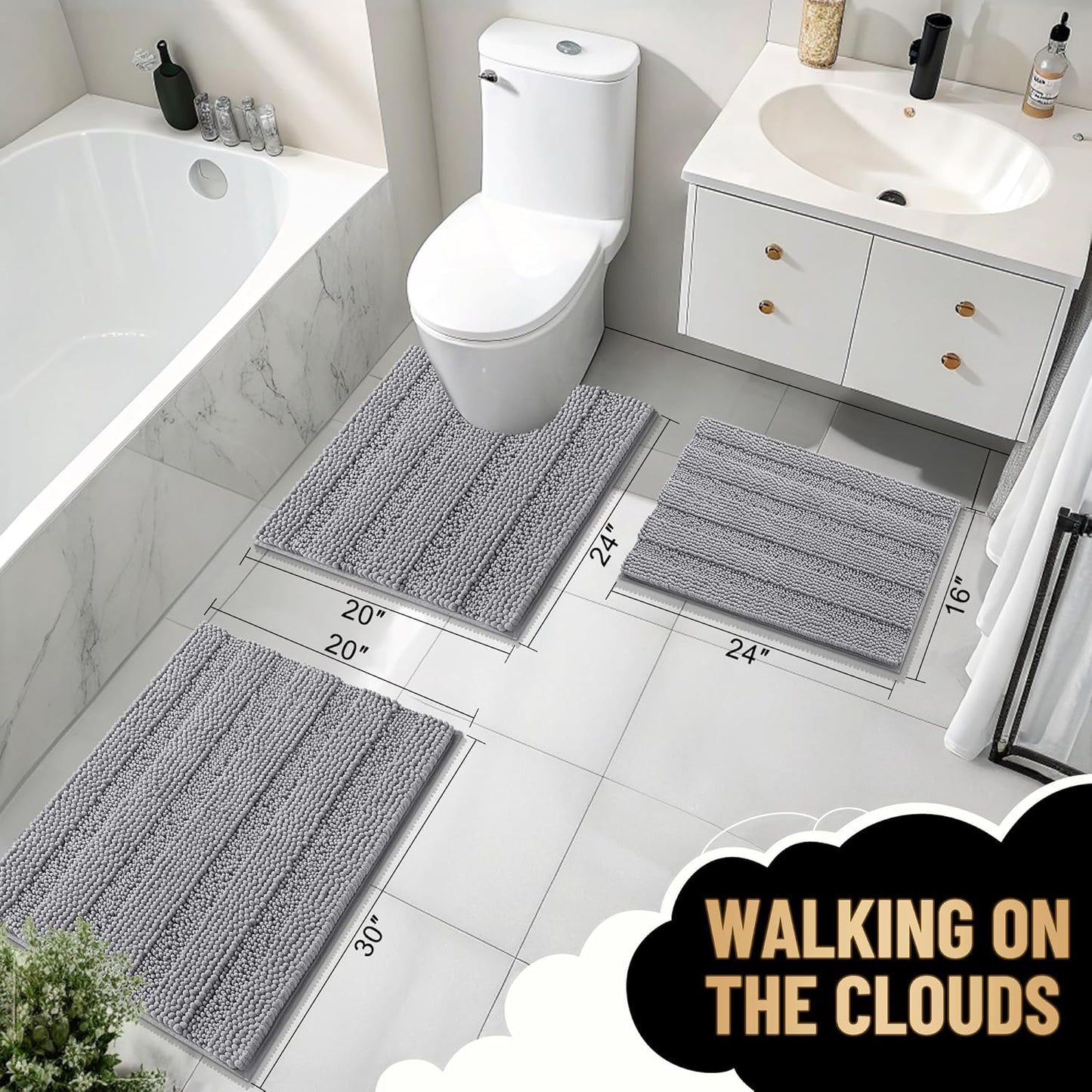 OLANLY Thick Bathroom Rugs - Extra Soft Chenille Bath Mats | 30x20, Grey, Absorbent & Machine Washable