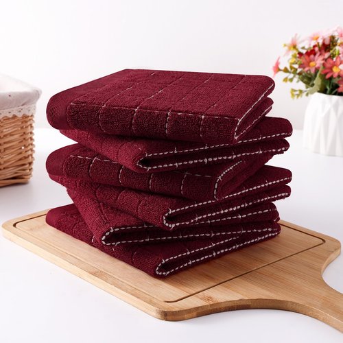 Homaxy 100% Cotton Terry Kitchen Towels(Burgundy Red, 13 x 28 inches), Checkered Designed, Soft and Super Absorbent Dish Towels, 8 Pack