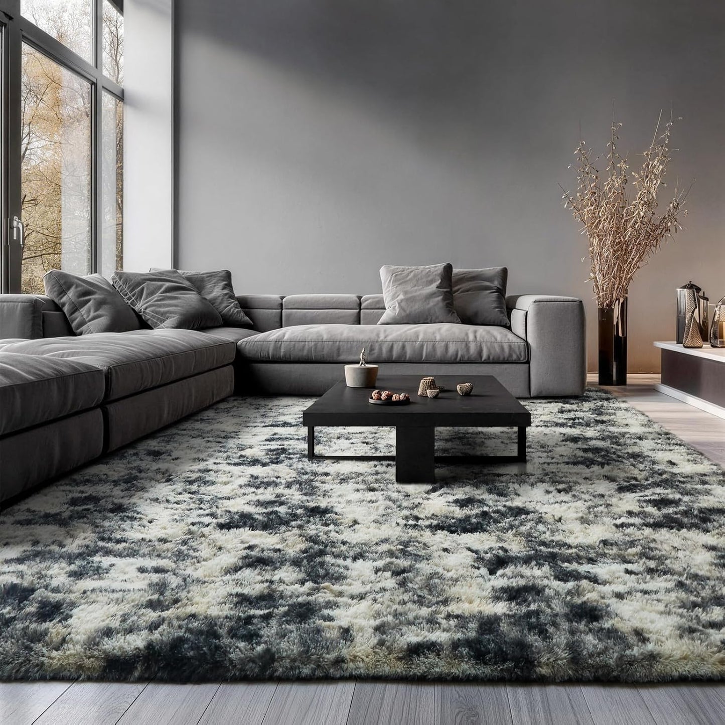 Ophanie Area Rugs - Fluffy Black, Gold & Grey Shag Carpet for Living Room | 9x12 Soft Plush Design