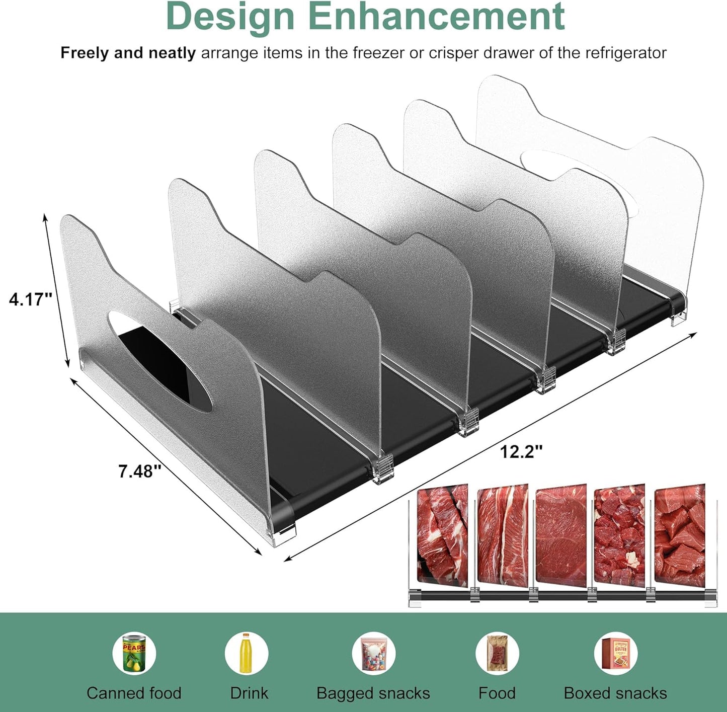 SURETIVIAN Freezer Organizer - 12” Adjustable Fridge Rack with Removable Dividers & Handles | Black