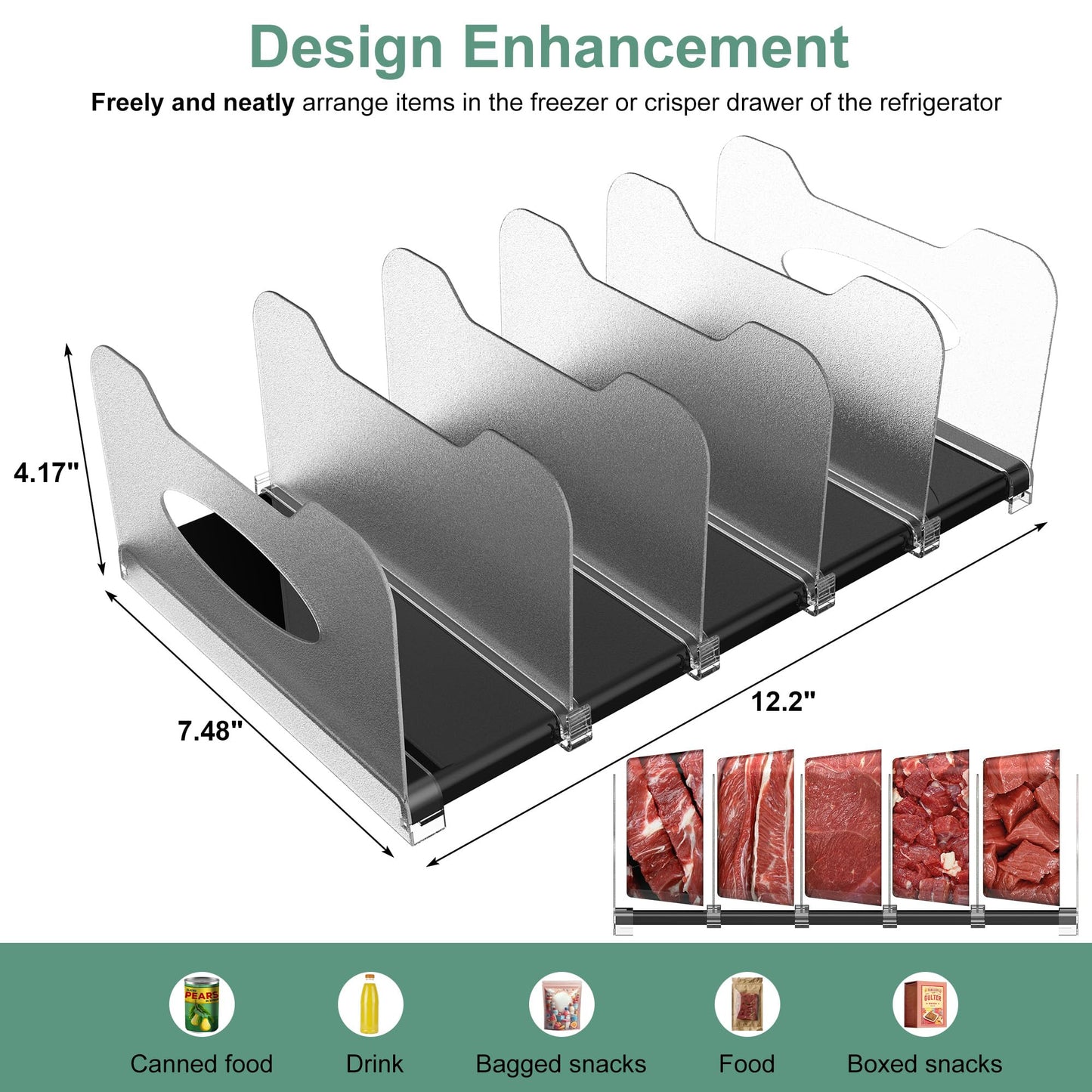 SURETIVIAN Freezer Organizer 12” Visible Fridge Organizer Rack with Removable Dividers and Handles, Freely Adjustable, Fits Refrigerator Frozen Meals, Lunch Meat Box, Cheeses (Black)