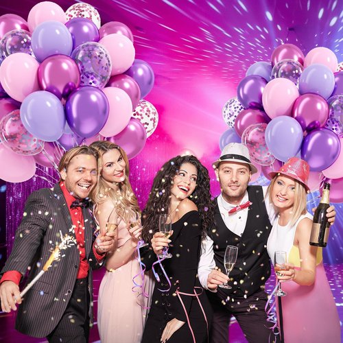 61pcs Pink and Purple Balloons, 12 Inch Purple Pink Confetti Balloons, Metallic Balloon with Ribbon for Bridal Baby Shower Wedding Women Birthday Party Decorations