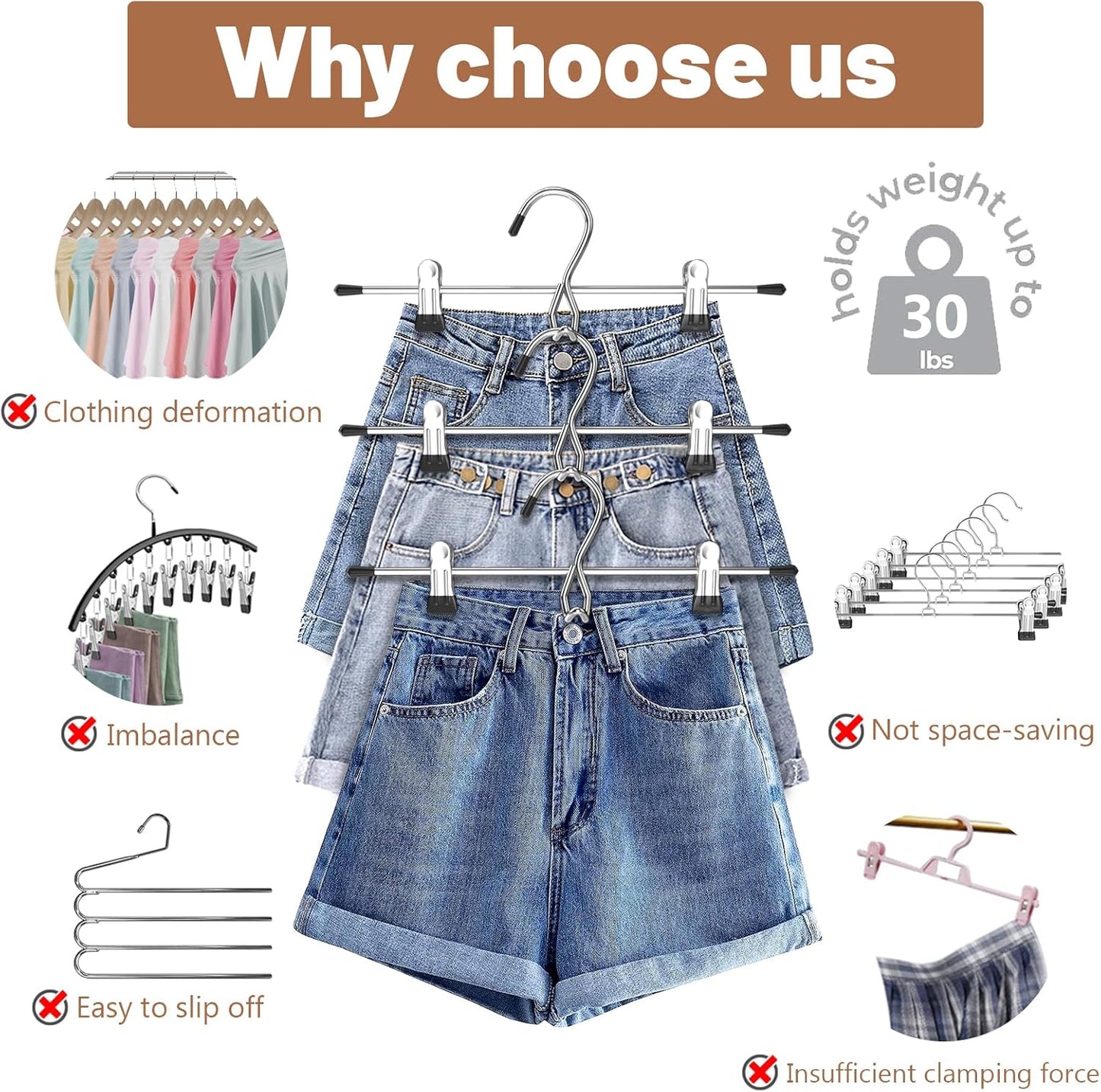 Skiennix Space-Saving Pants Hangers - Stackable Skirt Hangers with Clips | 8 Pack Closet Organizer