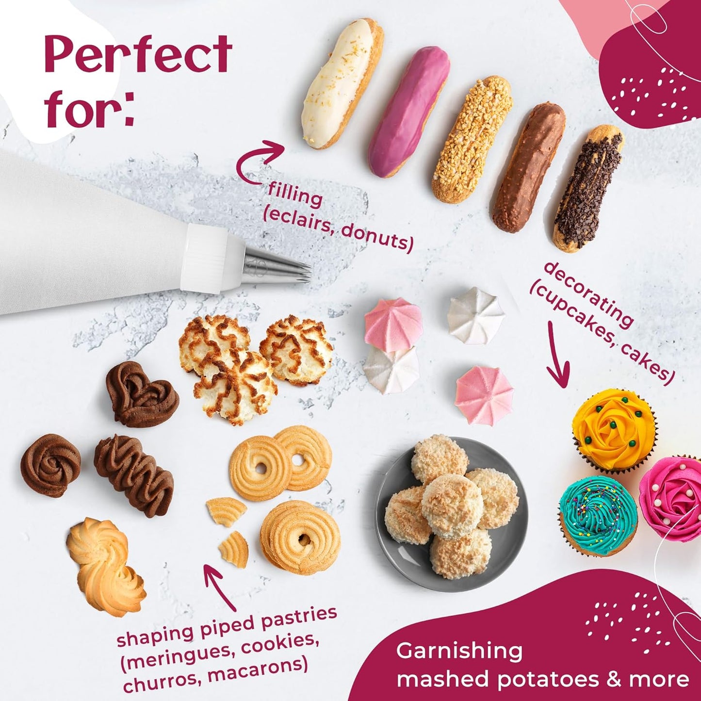 Premium Reusable Piping Bags Set by [Brand Name] - 16" Cotton Pastry Bag with 8 Large Icing Tips | Dishwasher Safe