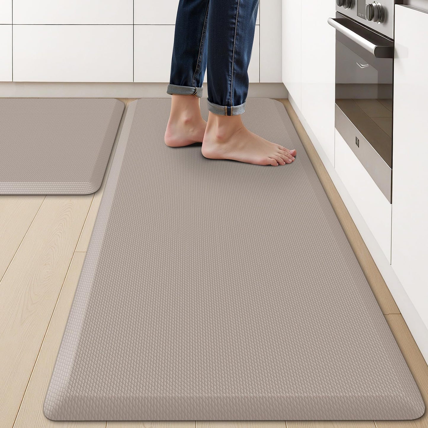 KitchenClouds 2PCS Kitchen Rugs Cushioned Anti-Fatigue Non-Slip Water Resistant Kitchen Mat Comfort Foam Standing Mat for Floor Office Sink Laundry (Khaki)
