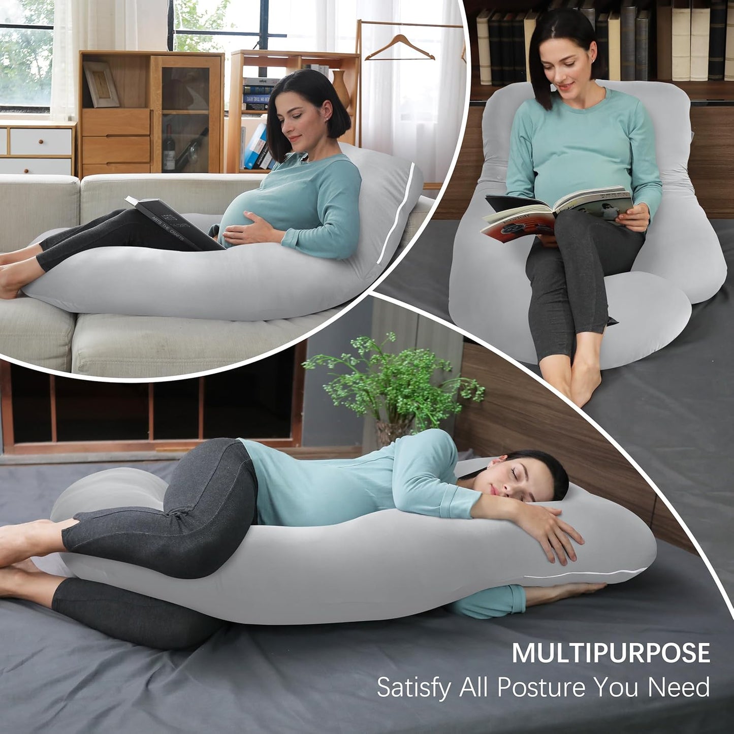 MOON PARK U-Shaped Pregnancy Pillow - Full Body Maternity Support for Back, Legs & Belly - 57 Inch - Light Grey