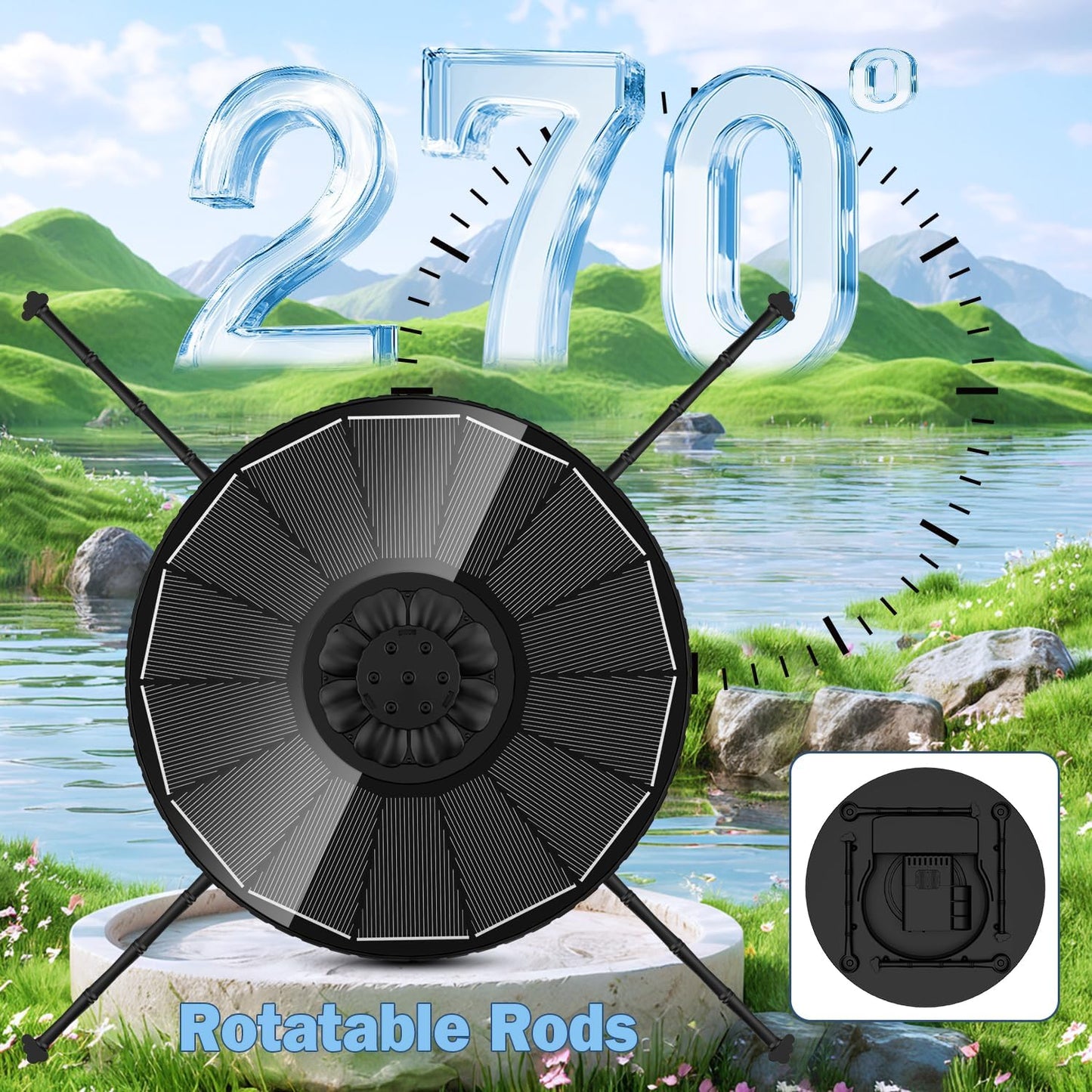 Yzert Solar Fountain - 3-Level Adjustable Water Height & 7 Nozzles | 2000mAh Battery for Garden & Pond