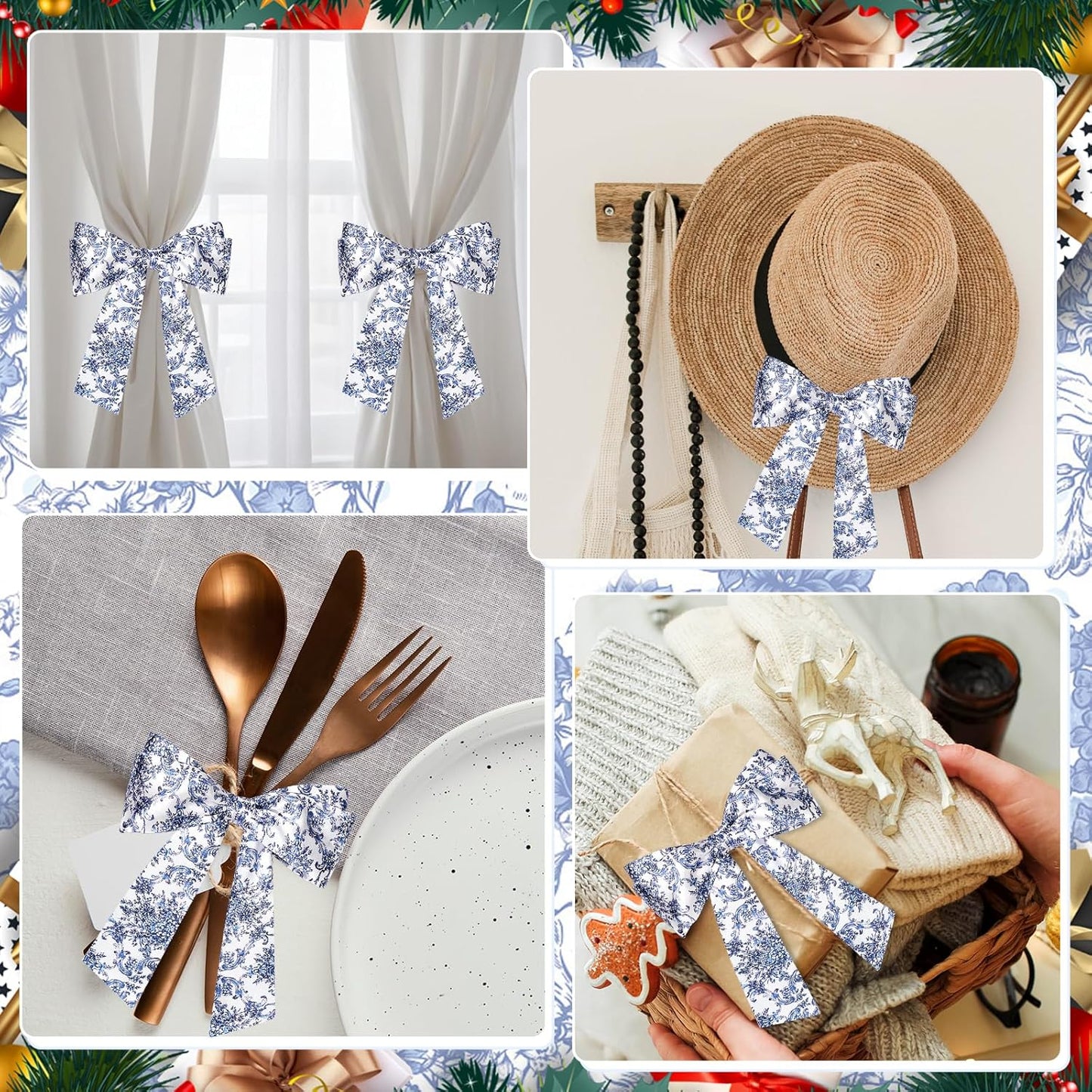 Skiennix Chinoiserie Satin Blue & White Flower Wreath | 2-Piece Door & Wall Decor Set