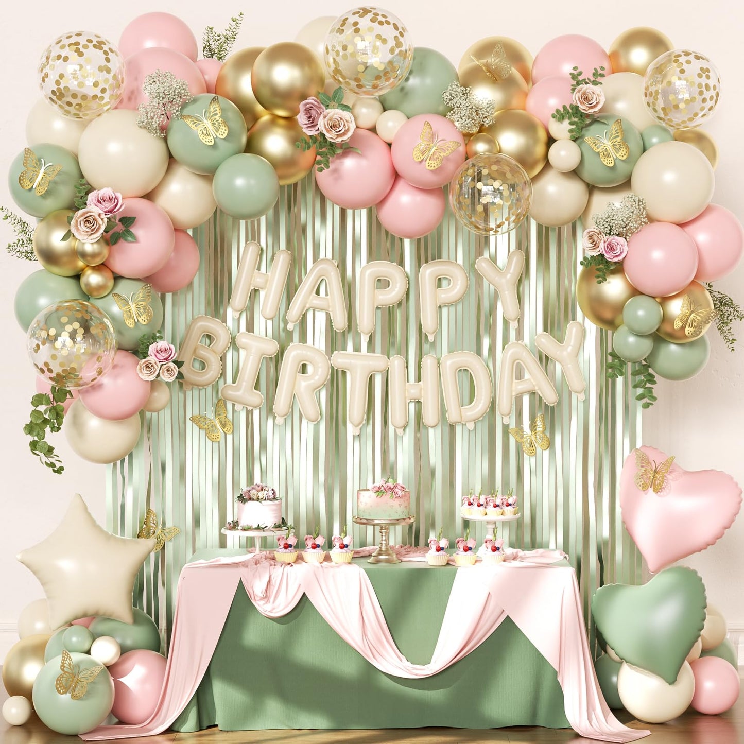 Pink and Sage Green Birthday Decorations, Pink Green Sand White Metallic Gold Foil Confetti Balloons Happy Birthday Banner Gold Butterfly Fringe Curtains Birthday Decorations for Women Girls Teens