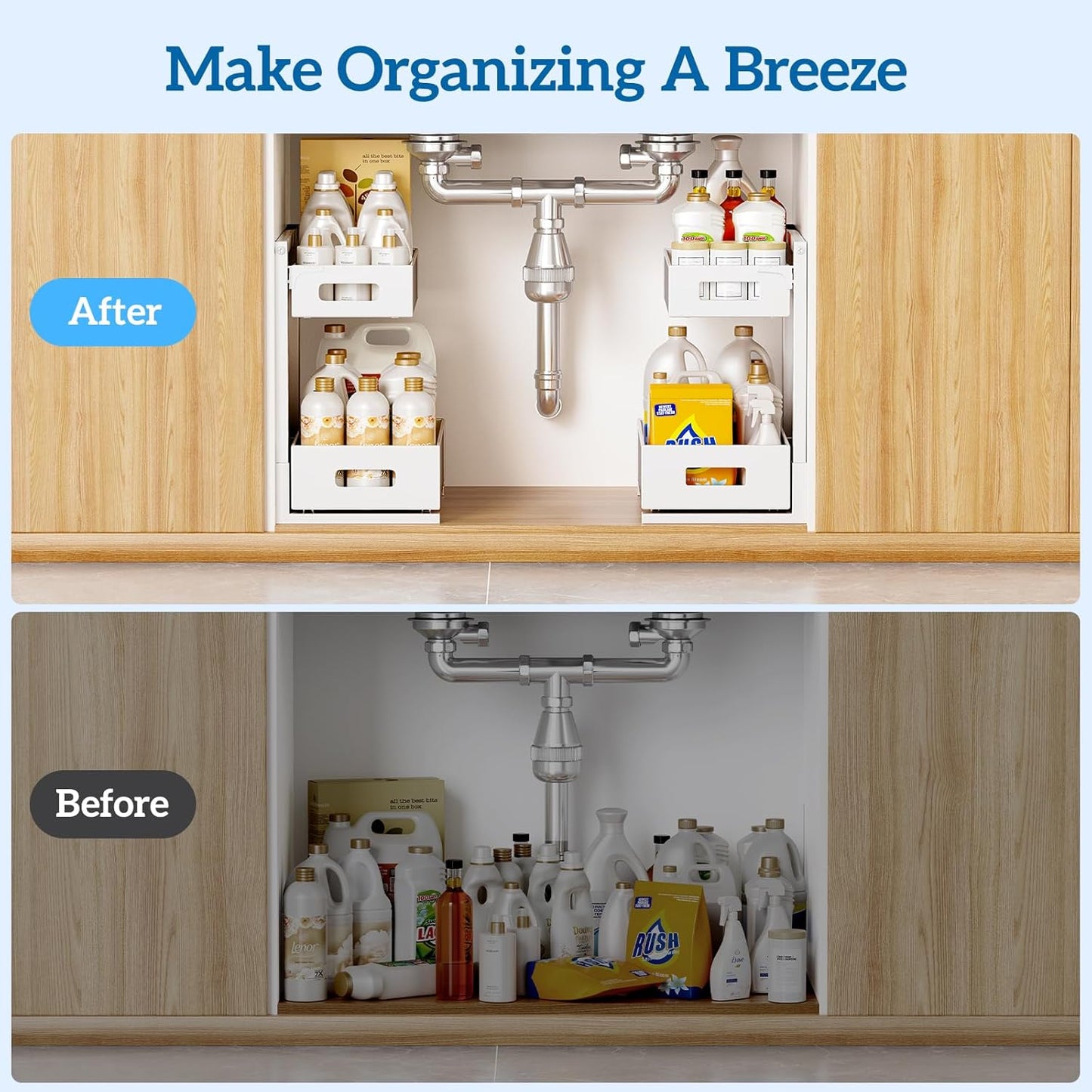 Skiennix Kitchen & Bathroom Organizer - Upgraded Guide Rail Design for Smooth Pull-Out | XL White Cabinet Storage