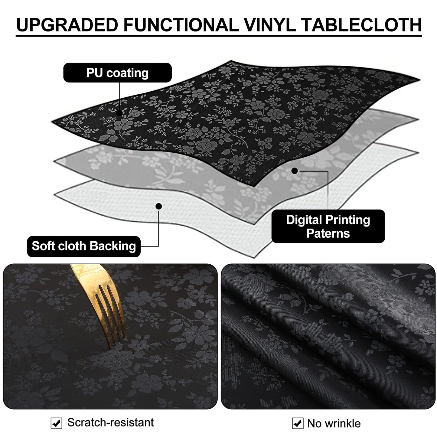 Smiry Rectangle Table Cloth, Waterproof Heavy Duty Vinyl Tablecloths, Wipeable Washable Table Cover for Kitchen and Dining Room (Black, 60" X 140")