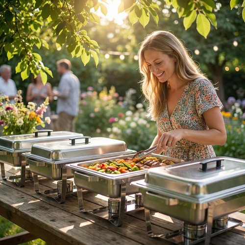 Chafing Dishes for Buffet 4 Pack, 9 Quart Stainless Steel Chafing Dish Buffet Set with Folding Frame, Food Warmers for Parties, Catering Supplies, Banquets, and Weddings