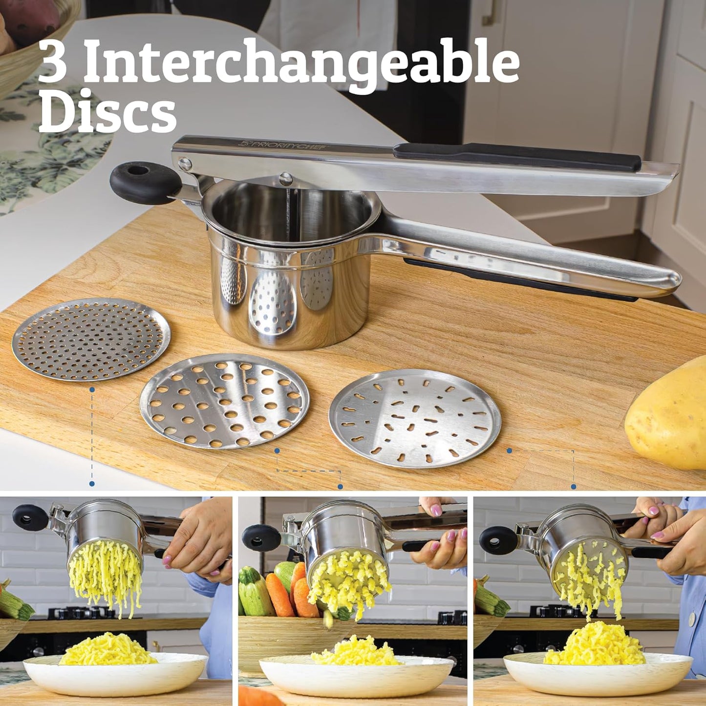 PriorityChef 15oz Potato Ricer - Heavy Duty Stainless Steel Kitchen Tool with 3 Discs for Perfect Mashed Potatoes | Black