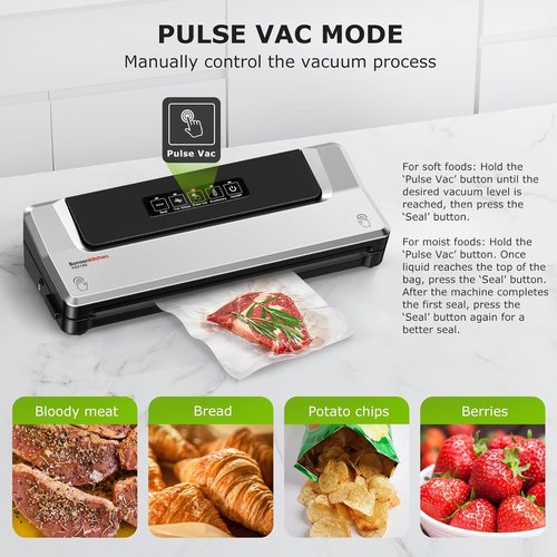 Bonsenkitchen Vacuum Sealer Machine - Compact Food Sealer for Meal Prep & Storage | 5 Bags Included, Silver