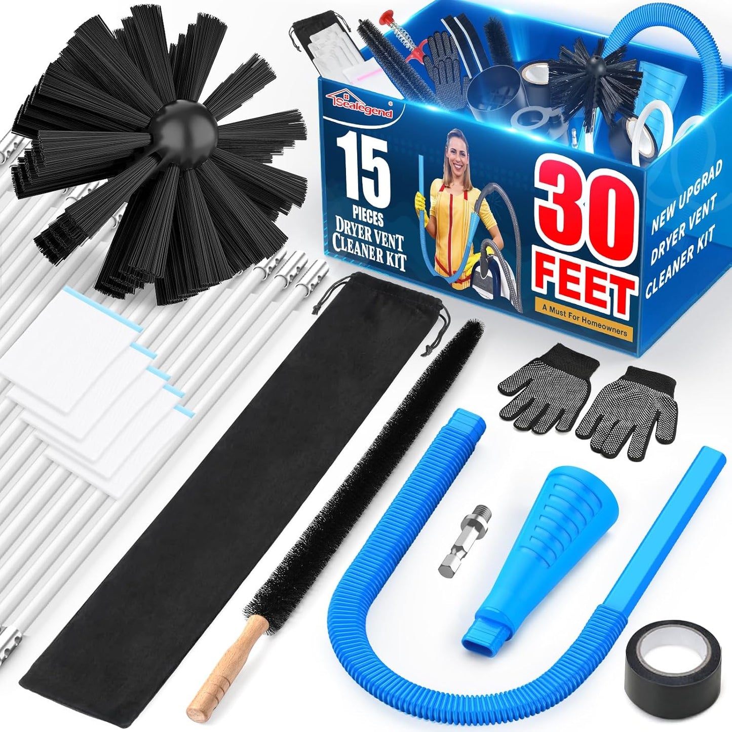 Sealegend 15-Piece Dryer Vent Cleaner Kit - 25-Feet Omnidirectional Lint Vacuum Attachment & Brush | Universal Adapters (Blue)