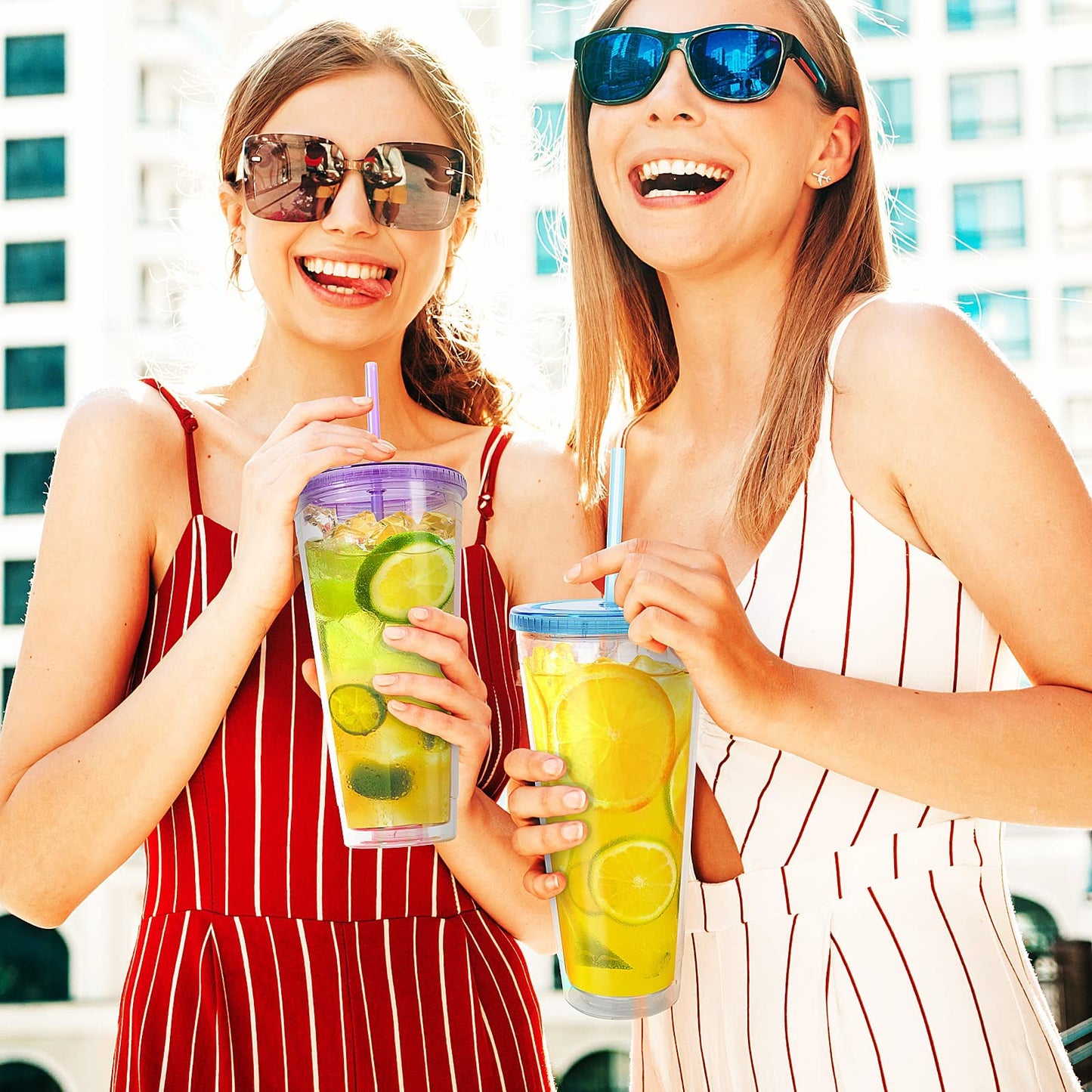 Luxfuel 32 oz Acrylic Tumblers with Lid & Straws, Double-Walled Insulated Clear Plastic Drink Cup, BPA-Free, Reusable Iced Coffee Cups for Parties, Birthdays, Graduation, Fits Car Cup Holders - 2 Pack