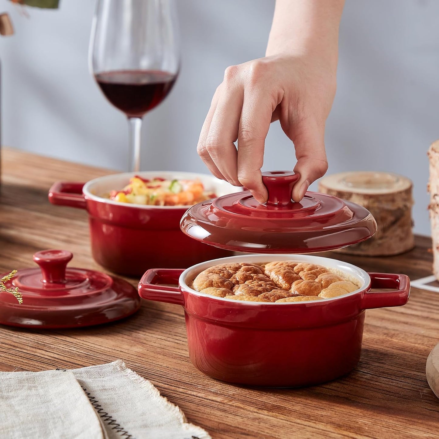 Lareina Mini Cocotte - 12oz Ceramic Casserole Dishes with Handles & Lid | Set of 4 - Red, Oven & Microwave Safe