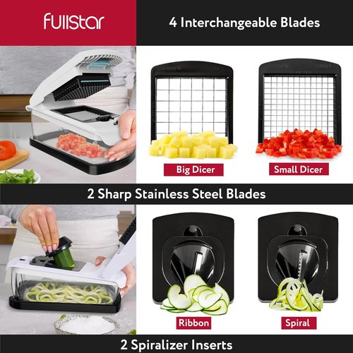 Fullstar Vegetable Chopper & Mandoline Slicer - 9-in-1 Kitchen Food Chopper with Container & Grater (White/Black)