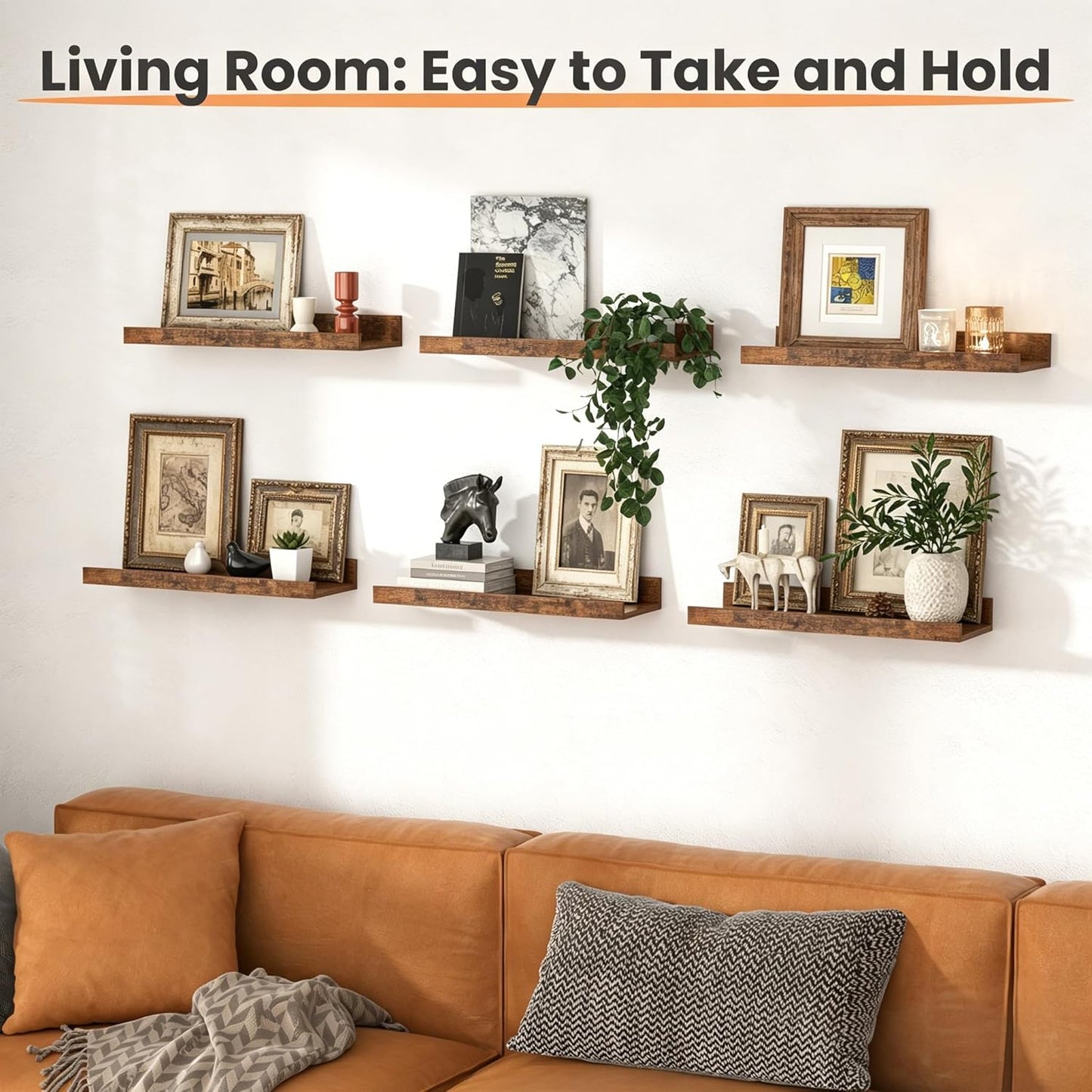 Upsimples Floating Wall Shelves - Set of 6 Decorative Wood Shelves for Bedroom, Living Room, Bathroom & Kitchen - Brown