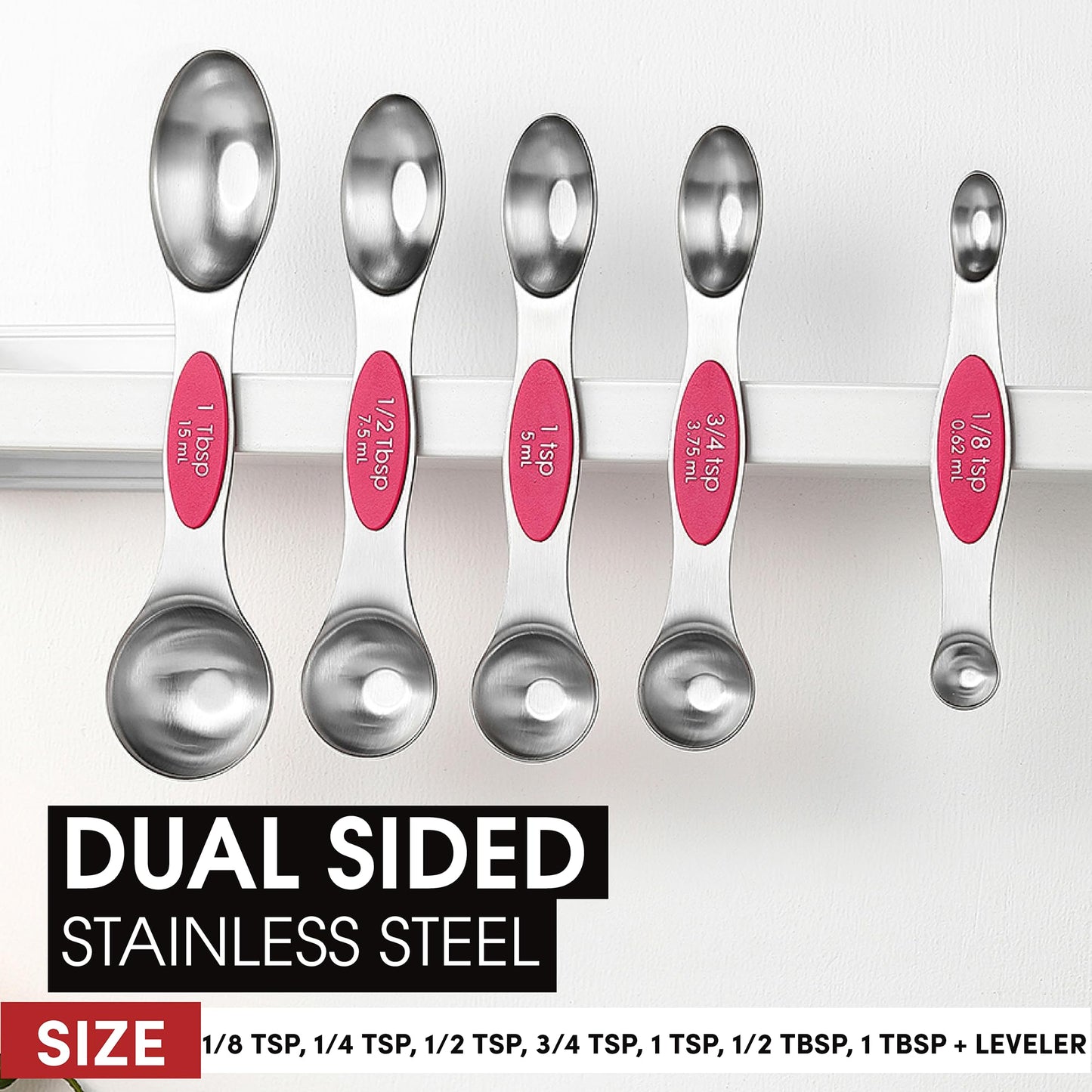 Spring Chef Pink Stainless Steel Magnetic Measuring Spoons Set of 8 with Leveler, Dual Sided Teaspoon & Tablespoon Measuring Set for Dry and Liquid Ingredients, Kitchen Gadgets for Baking & Cooking
