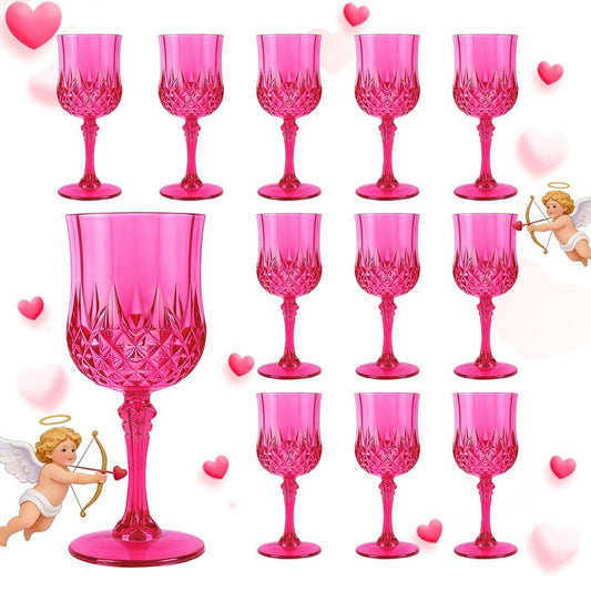 LEYIQU Plastic Wine Glasses, Plastic Goblets Vintage Style Cordial Unbreakable Drinking Glasses, Reusable Drinkware for Wedding Reception, Grand Event Party Supplies, Mother's Day (12, Hot Pink)