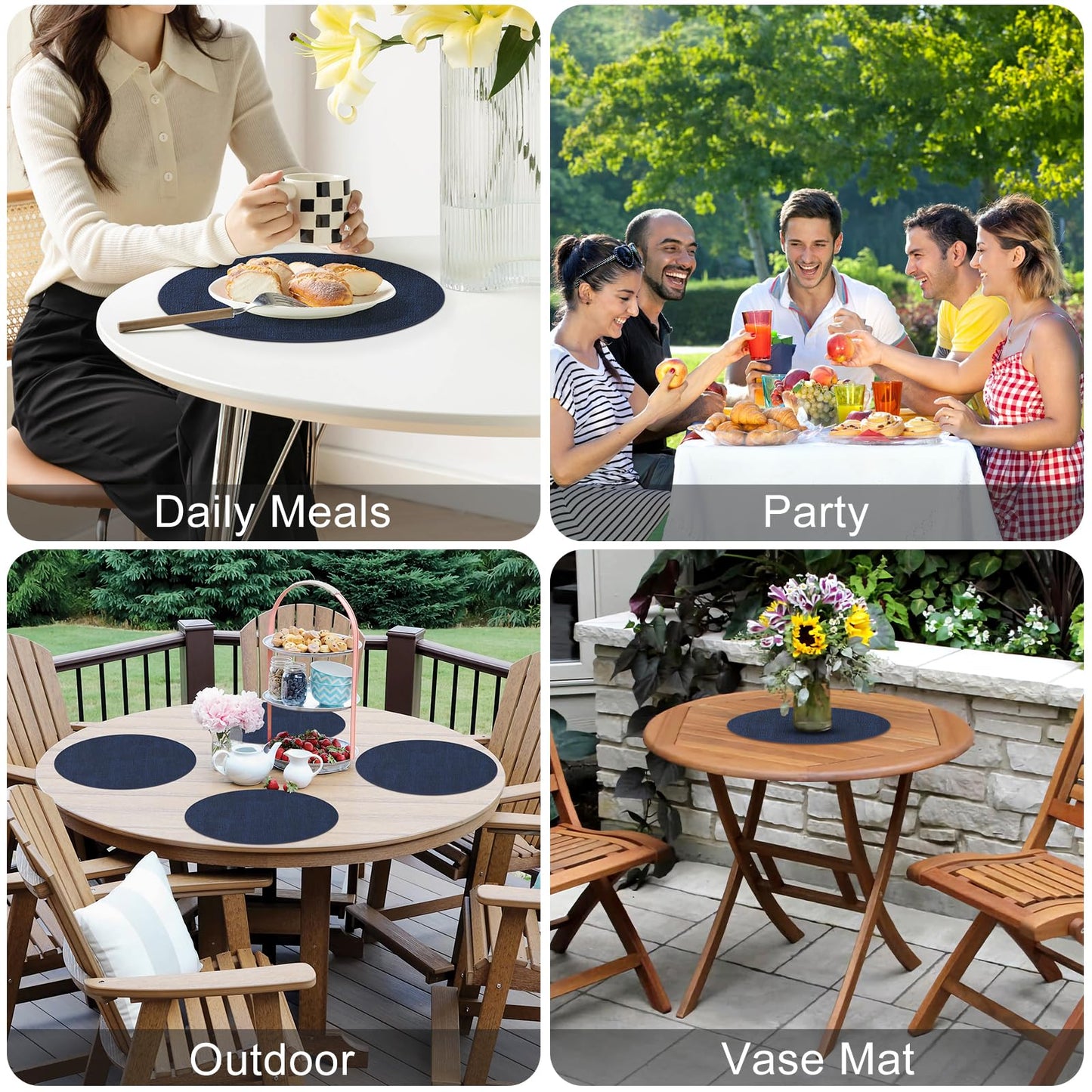 Homaxy Round Faux Leather Placemats and Coasters, Washable Dual-Side Table Mats, Wipeable Heat-Resistant Dining Place Mats for Outdoor and Indoor, Set of 6, Diameter 13 and 3.93 inch, Navy Blue