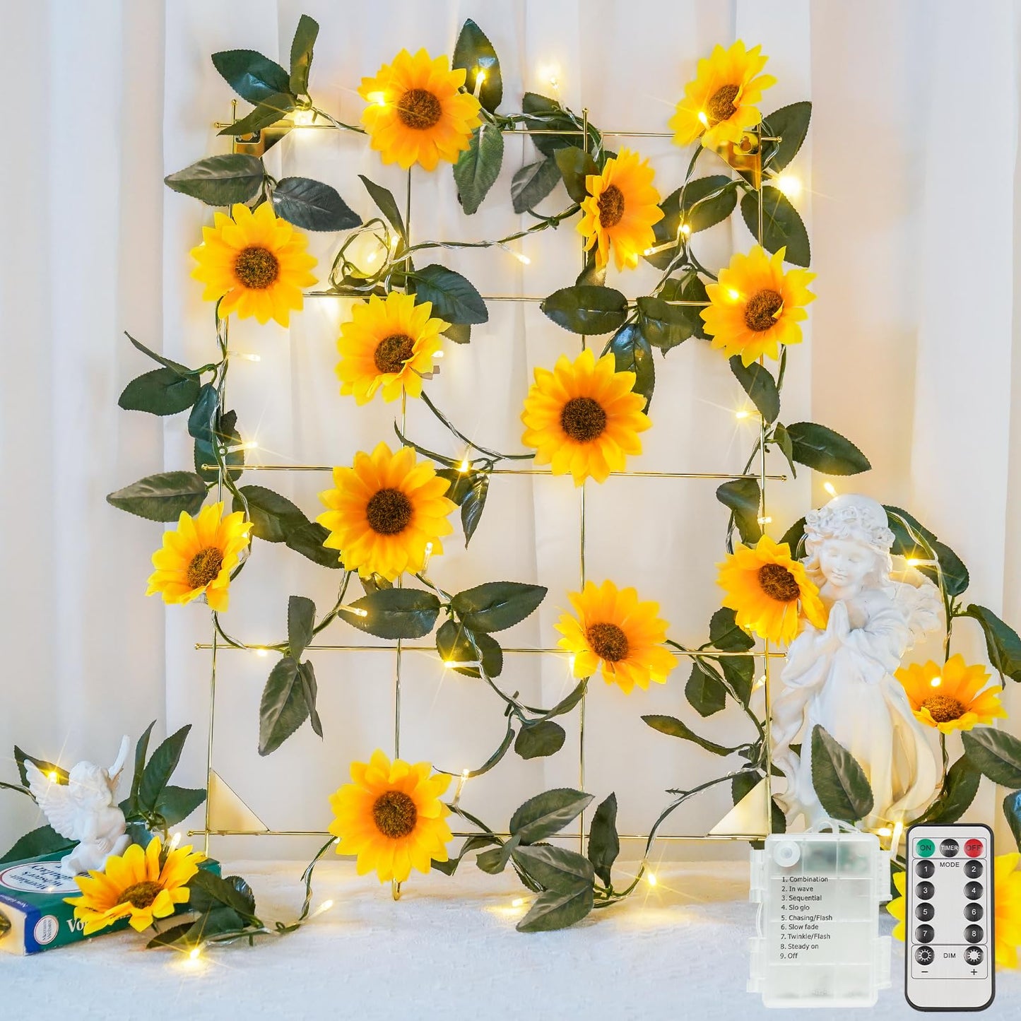 suddus Artificial Sunflower Garland with 60 LED Fairy Lights, Vines with String Lights Battery Operated, Flower Hanging Lights for Indoor, Outdoor, Bedroom, Wedding, Wall, Party (Warm White)