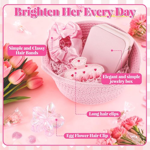 Hafublic 9Pcs Valentine's Day Basket Gifts for Her, Pink Woven Basket Birthday Gift Set Include Woven Basket, Cup, Earring, Flower Clip, Valentine Gift Stuffers for Mom Wife Daughter Teen Girlfriend