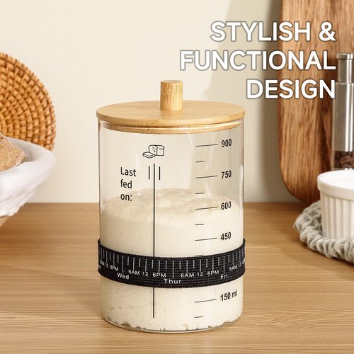HomeFeel Premium Sourdough Starter Jar - 34 Oz Large Glass Jar with Bamboo Lid, Cloth Cover, Date Tracker, Thermometer and Scraper, Stylish Design and Wide Mouth Starter Kit (2 Pack)