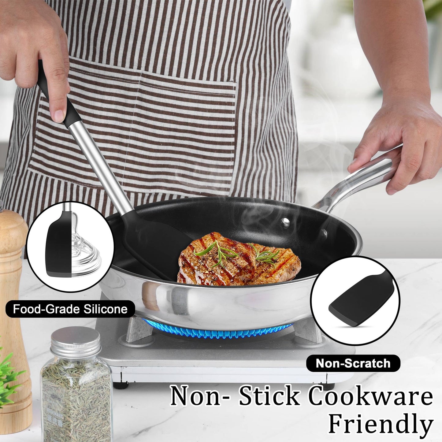 TeamFar Cooking Utensils Set, 5 PCS Silicone Kitchen Utensils with Stainless Steel Handle, for Nonstick Cookware Flipping Frying Turning Draining, Heatproof & Healthy, Nonstick & Easy Clean, Black