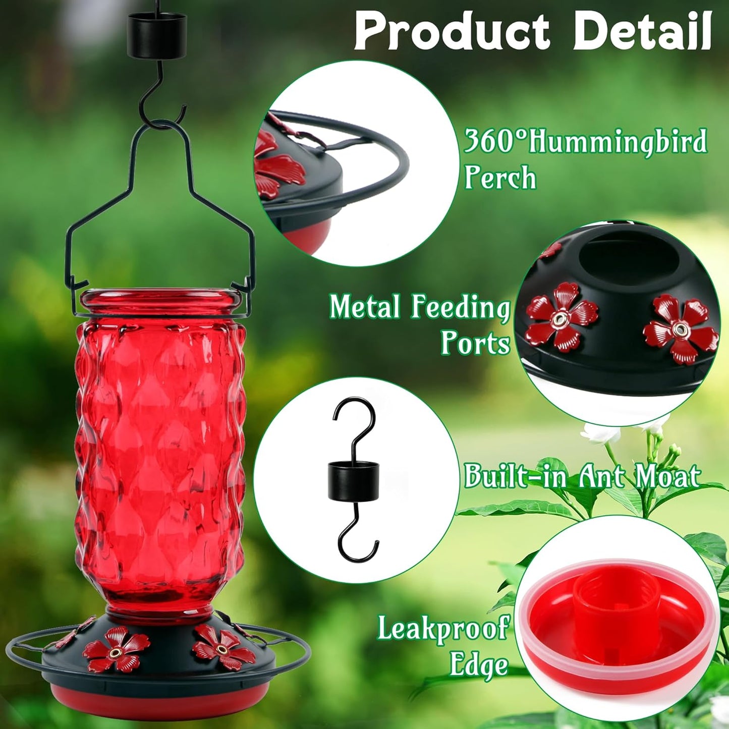 Skiennix Glass Hummingbird Feeder - 25 Oz Red Nectar Feeder with 5 Feeding Ports & Ant Moat | Ideal Garden Gift