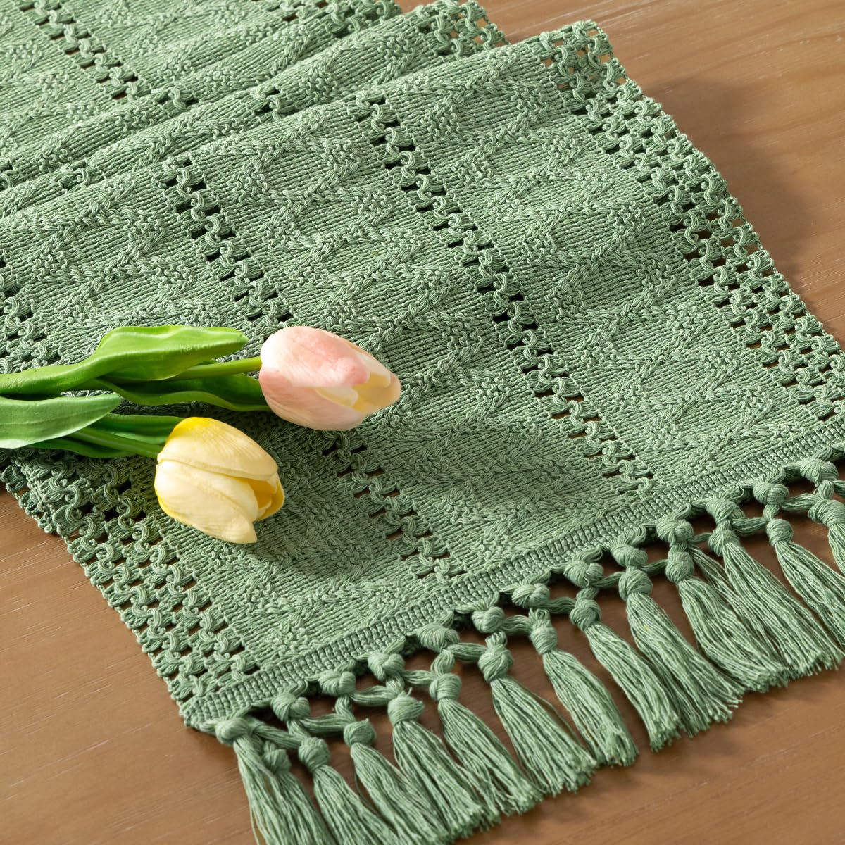 Socomi Sage Green Boho Table Runner Macrame Easter Spring Farmhouse Woven Cotton Linen Rustic Coffee Table Runner with Tassels for Dresser Scarf Home Decor Dining Room 12x90 inch
