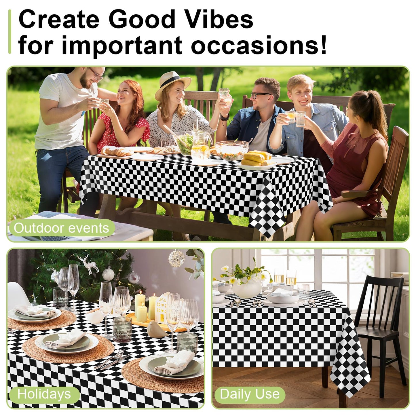 QIKSION Checkered Tablecloth Disposable 2 Pack, 54 x 108 Inch Black and White Checkered Flag Table Cloth for Race Car Decorations, Birthday Party Supplies, Rectangle, Plastic Table Cover