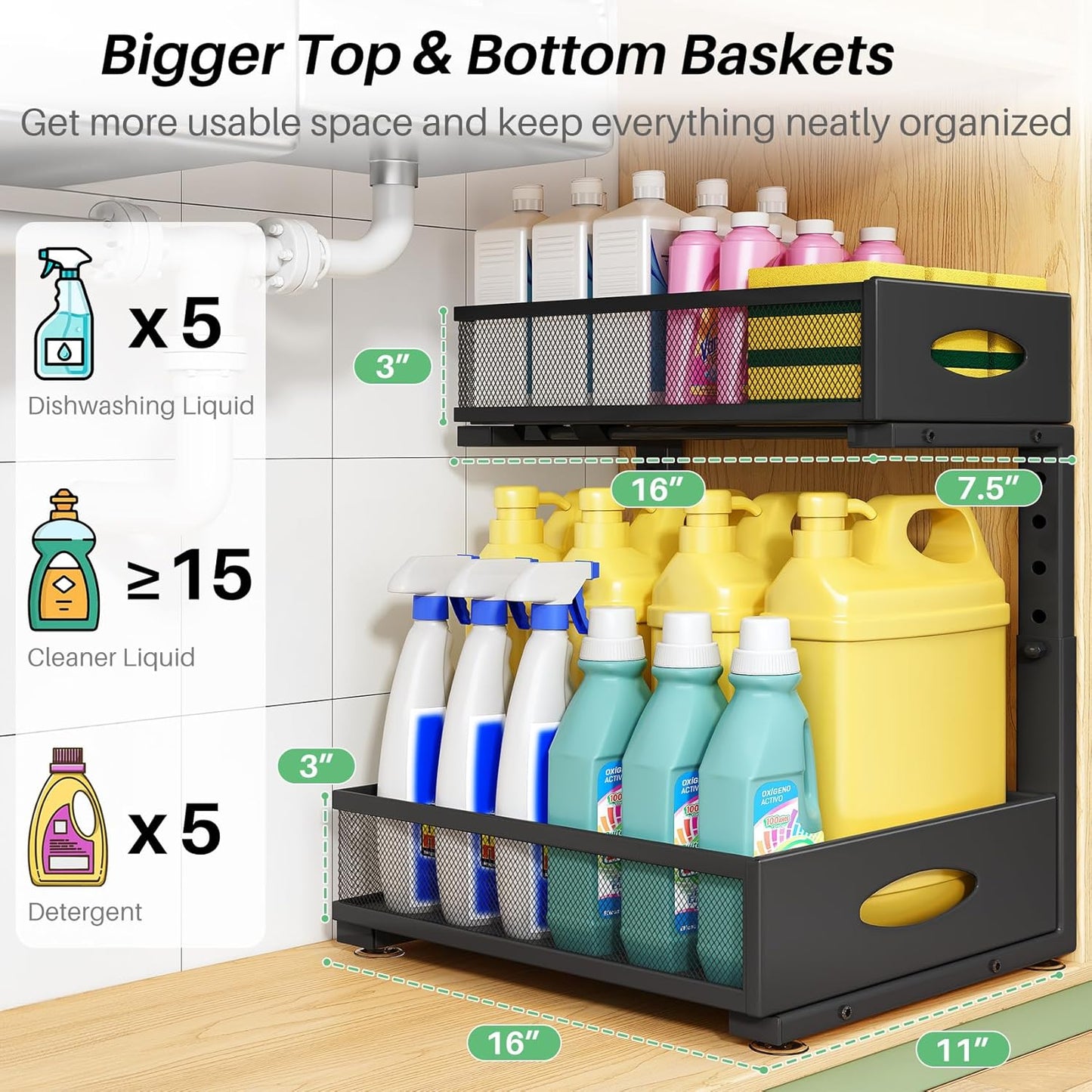 Under Sink Organizer | 2-Pack Metal Slide-Out Storage Shelf Rack - Adjustable Height, XL Black