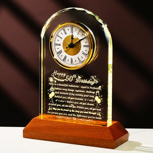Arikyrist Happy 50th Birthday Glass Clock Gifts for Women, Men - 50 Year Old Birthday Gift with Wooden Light Base for Her Him, Turning 50 Quartz Clock Gift Idea for Mom Dad Unique Decoration