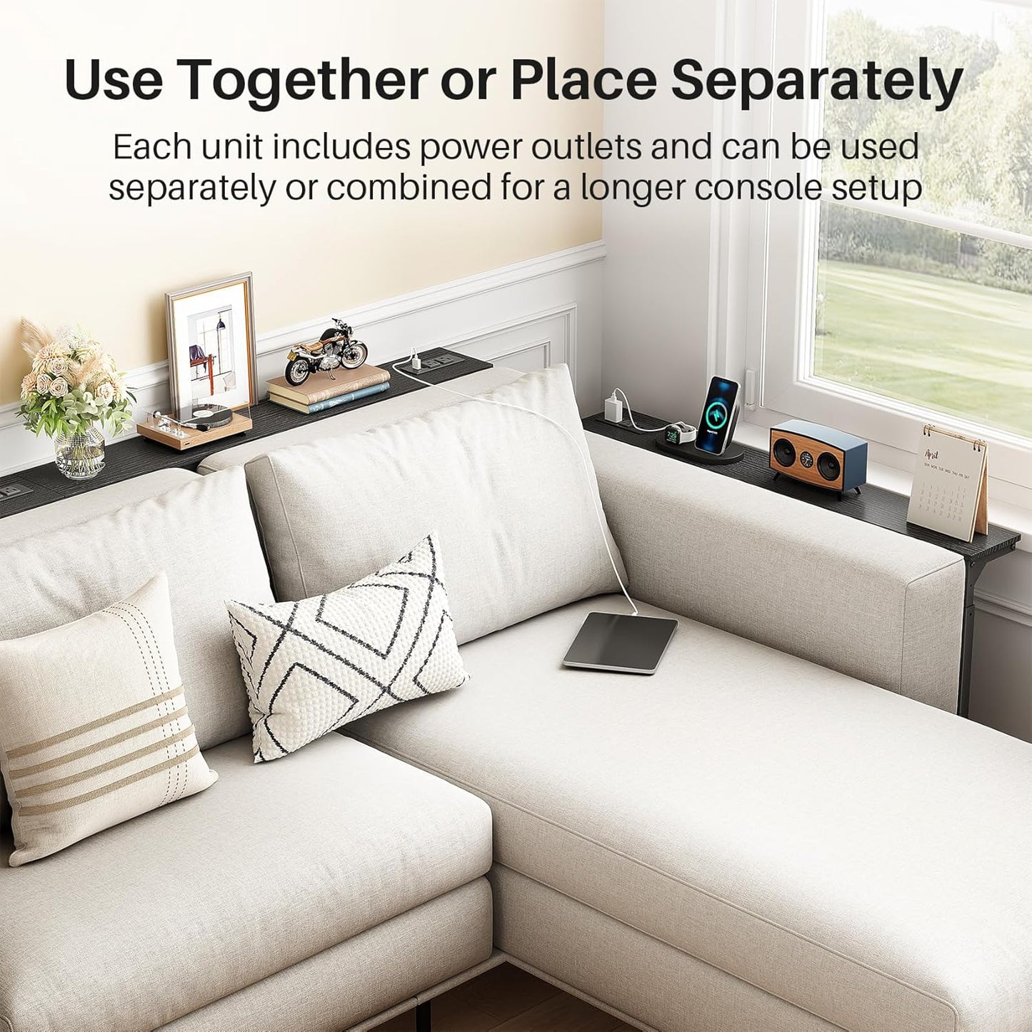 Kitstorack Console Table - 2-Pack Black Narrow Sofa Table with Adjustable Height & Power Outlets | 5.9" Deep x 79" Long