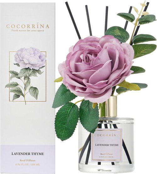 Cocorrína Flower Reed Diffuser - Lavender Thyme 6.7oz Scented Home Fragrance with Sticks for Elegant Decor