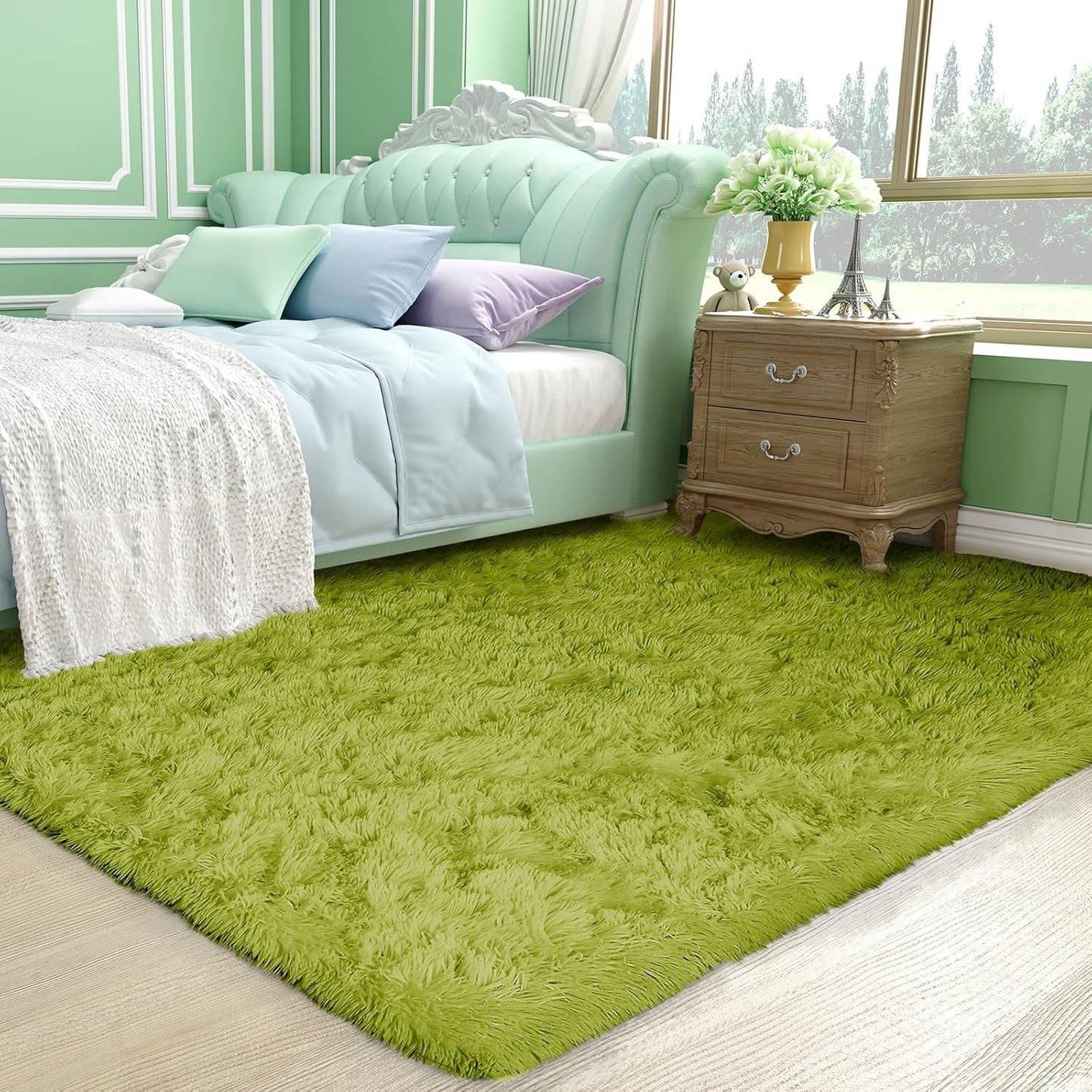Ophanie Green Area Rug - Soft Fluffy Shag Carpet for Bedroom | 4x6 Furry Plush Design for Kids' Room