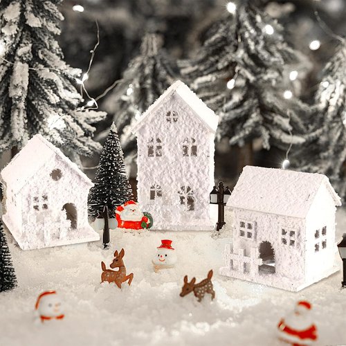 Gerrii Christmas Village House Set - 17 Pcs Winter Figurines with Snow & Santa | White Desktop Ornaments