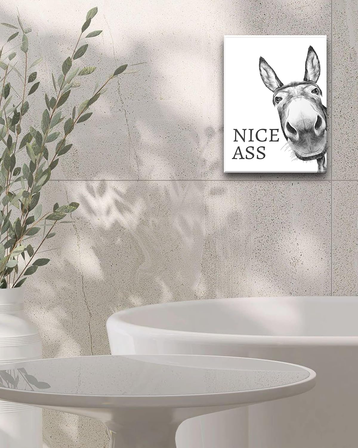 UPWOIGH Funny Bathroom Wall Art - Black and White Donkey Canvas Print | Waterproof Framed Decor, 12x16in