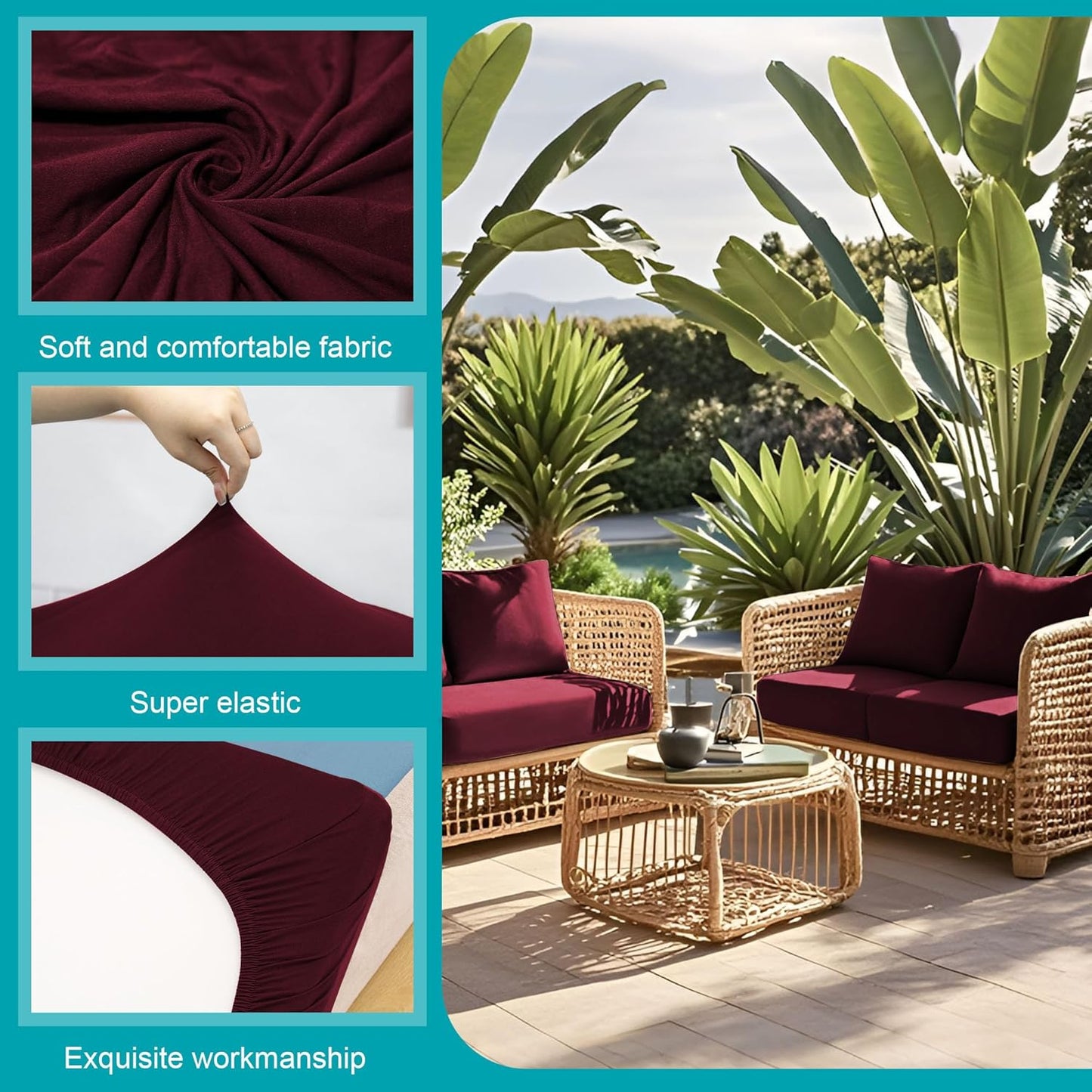Skiennix 12-Piece Stretch Patio Cushion Covers - Washable & Reusable Outdoor Furniture Protectors | Wine Red