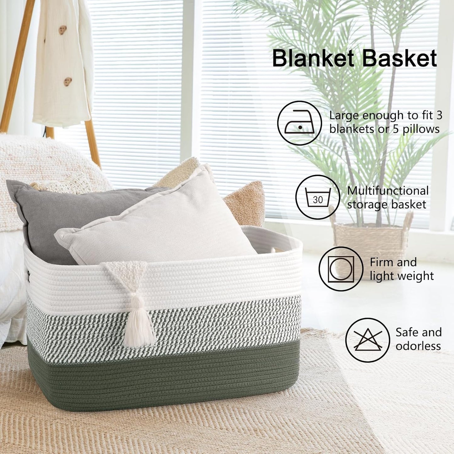OIAHOMY Large Woven Blanket Basket - Stylish Nursery & Living Room Storage | 22”x17”x12” | Green/White