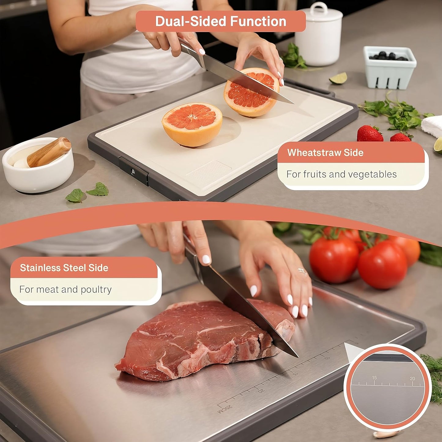 Skiennix Extra-Large Stainless Steel Cutting Board - 19"x12.6" | Dishwasher Safe with Juice Groove & Built-in Handle