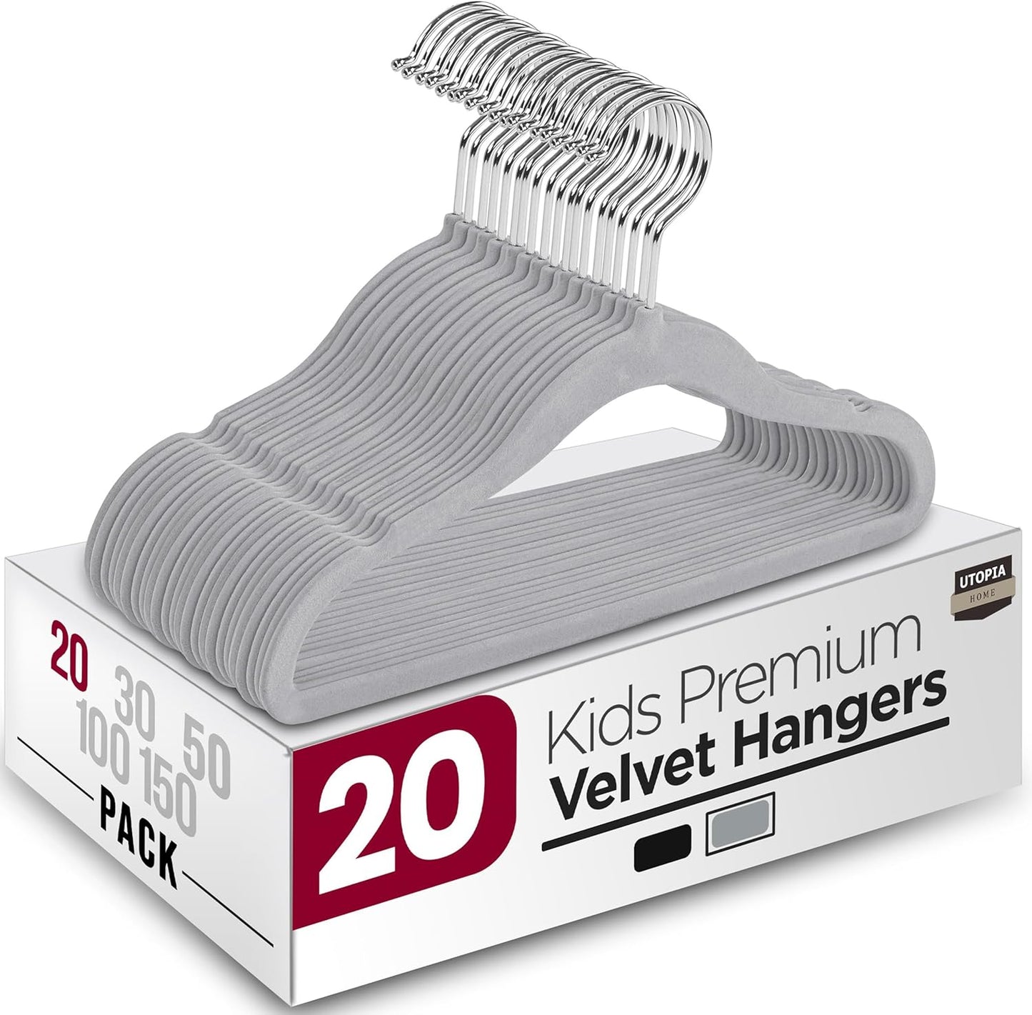 Utopia Home Velvet Hangers - 20 Pack Non-Slip 11 Inch Baby & Toddler Closet Organizers | Grey