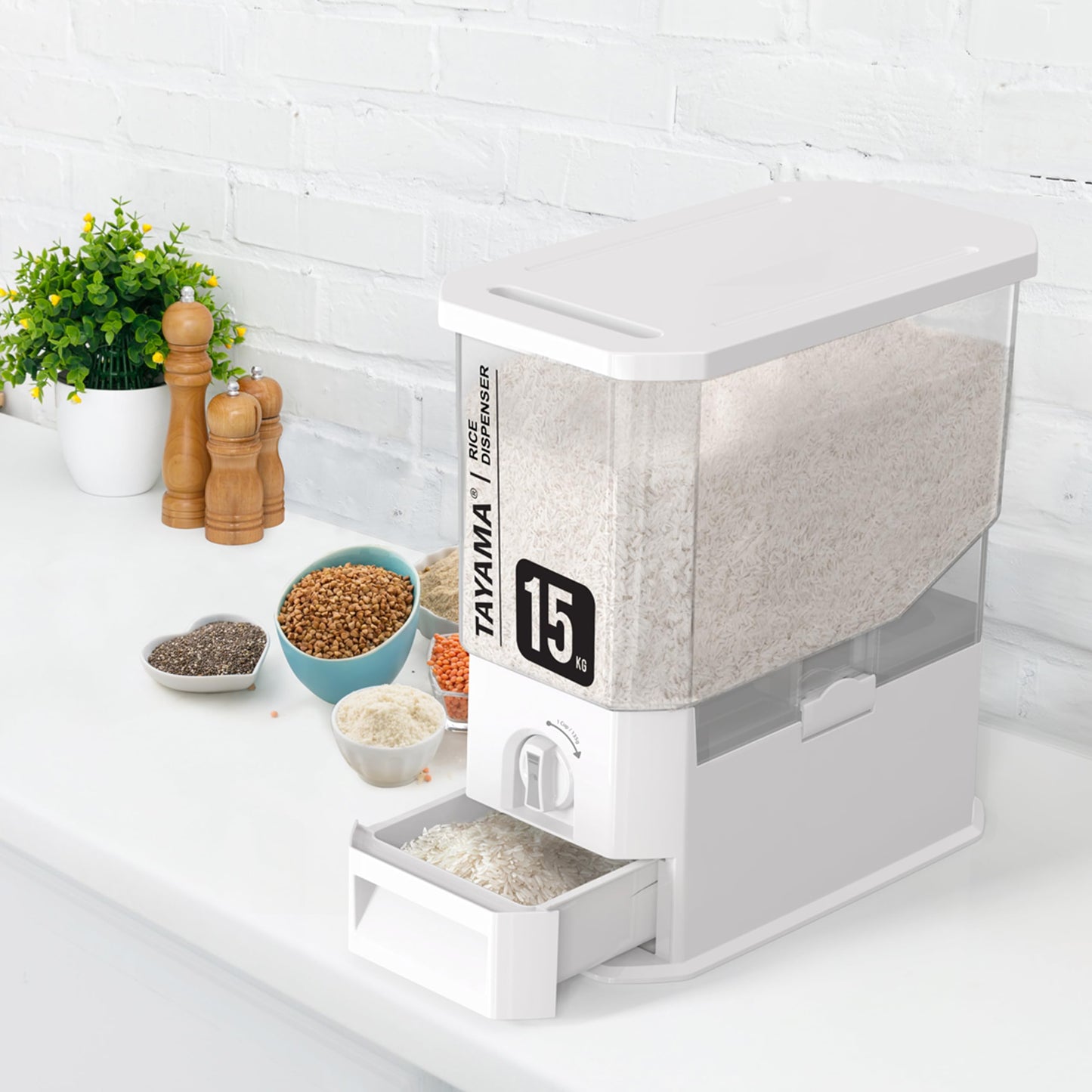 TAYAMA 33 lbs. Capacity Rice Dispenser Grain Storage Container, White