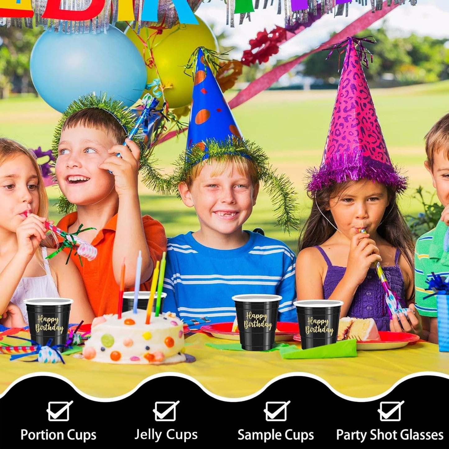 Layhit 100 Pcs Happy Birthday Plastic Shot Glasses 2oz Disposable Shot Cups for Party Mini Drinking Cups for Birthday Wedding Party Favors Tasting Serving Snacks Samples(Black)