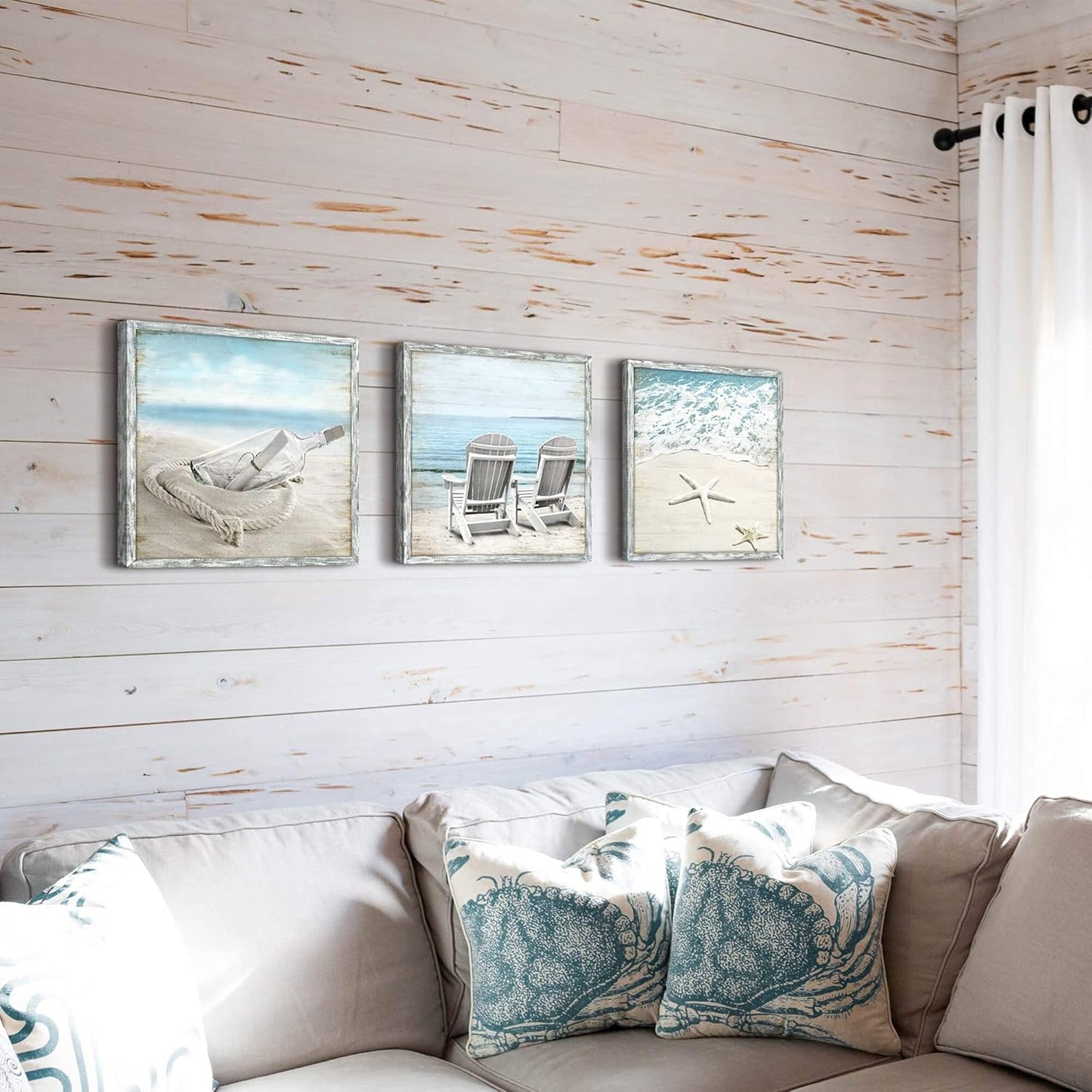 Coastal Pictures Framed Wall Artwork: Seascape Wall Decor Set of 3 Beach Chairs & Drift Bottle Wall Art Starfish Prints on Wood for Bedroom