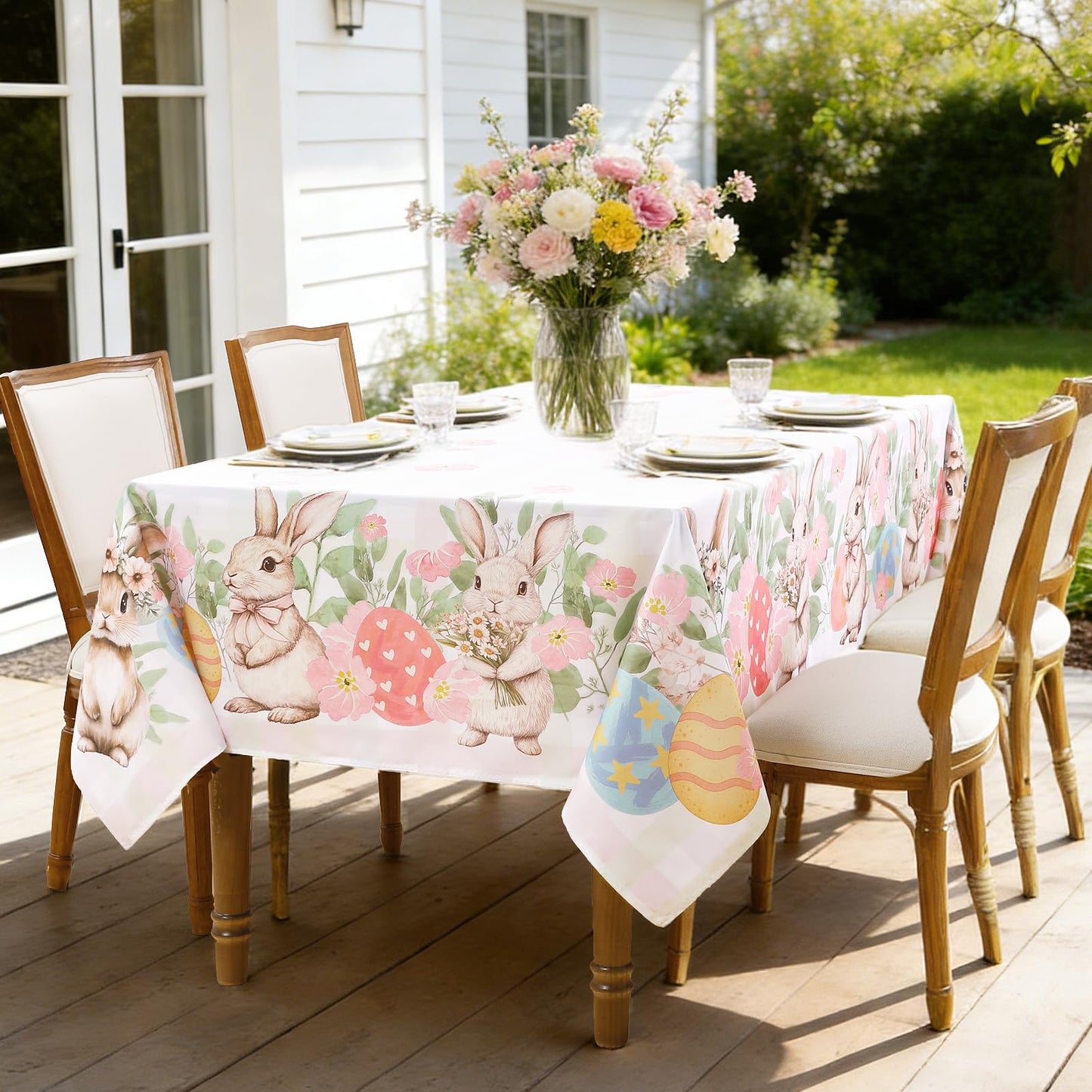 Romanstile Spring Easter Rectangle Tablecloth 60 x 84 Inch, Bunny & Eggs Buffalo Check Plaid Table Cloth Waterproof Fabric Table Cover for Dinner Picnic Indoor Outdoor, Gradient