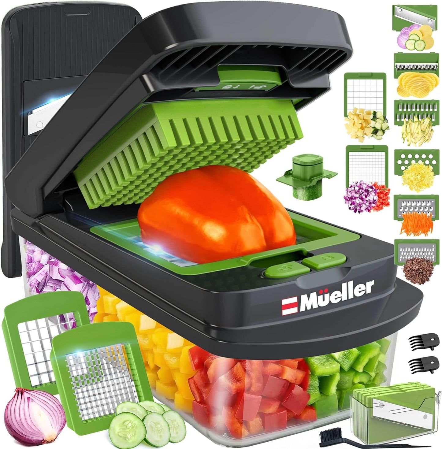 Mueller Pro-Series 10-in-1 Vegetable Chopper - 8 Blades for Easy Dicing, Mincing & Slicing | Gray/Green