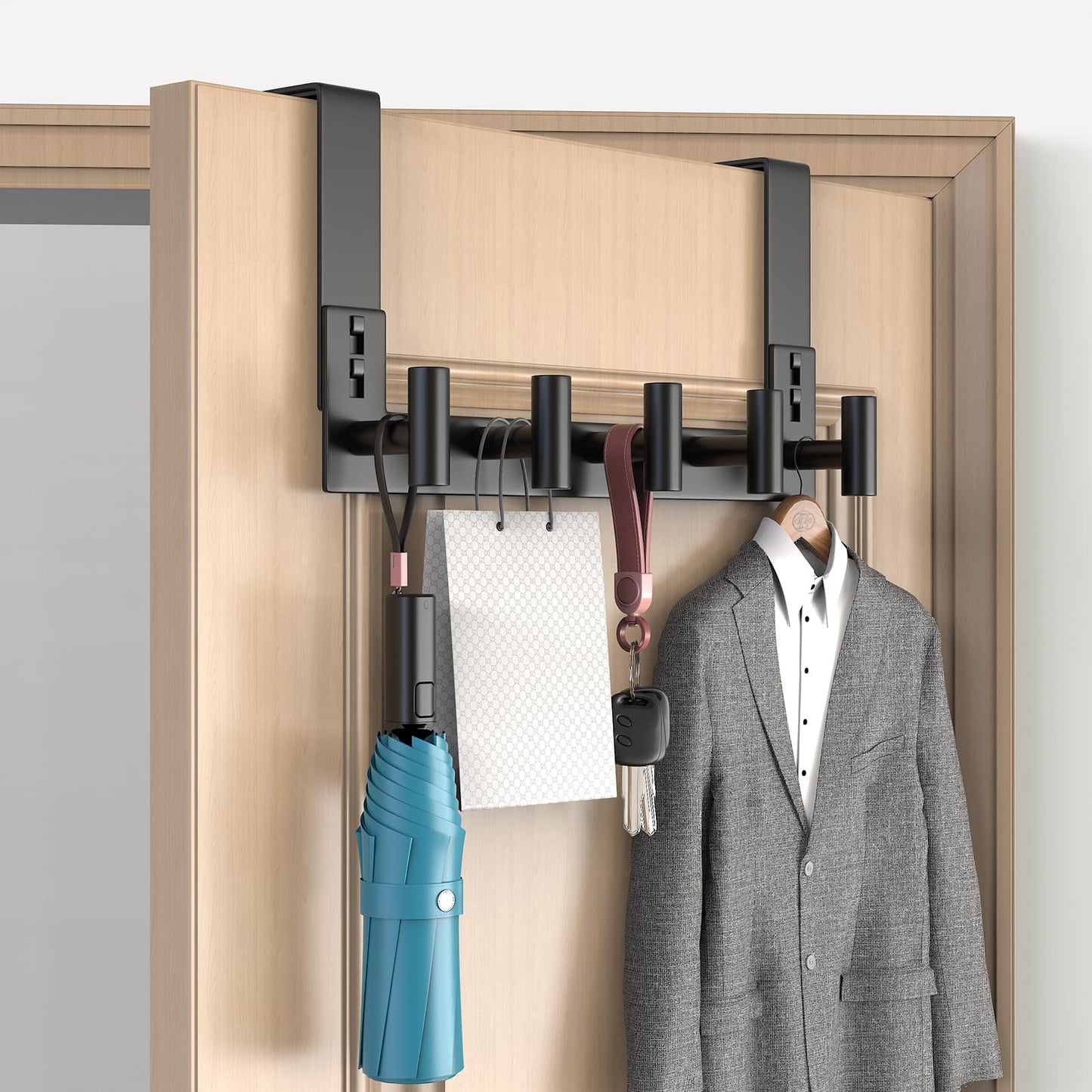PMMASTO Over The Door Hooks, Door Hanger Hook for Hanging, Coat Rack Organizer for Bathroom, Towel Holder Bathroom Accessories (Black 5 T-Hooks-Fits 1-3/4" Thick Door)